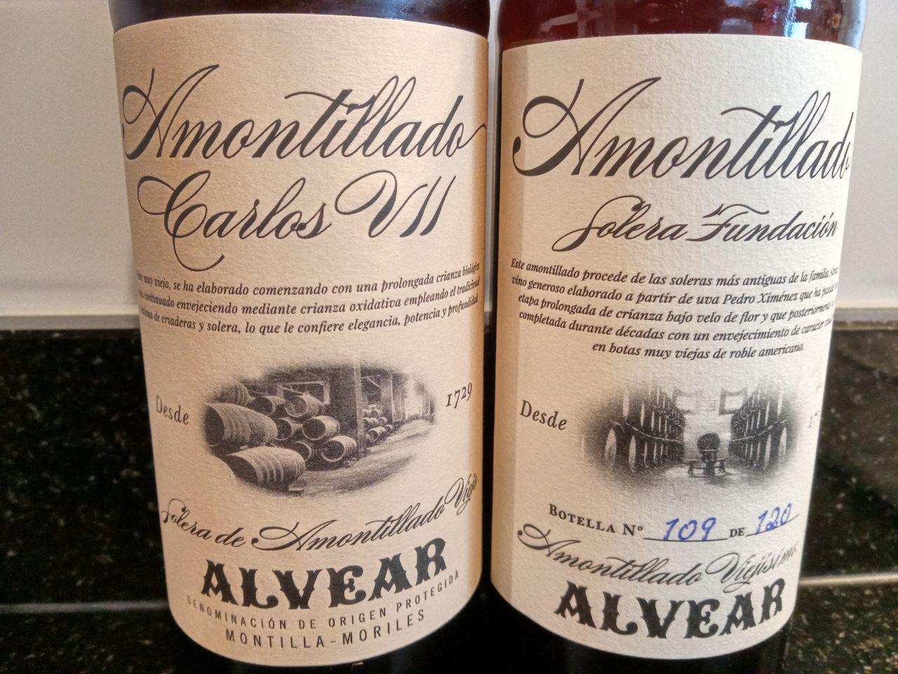 Alvear Carlos VII Amontillado de Solera Viejo vs Alvear Solera Fundación de Amontillado Viejísimo, Saca 1/2018, botella nº 109 de 120